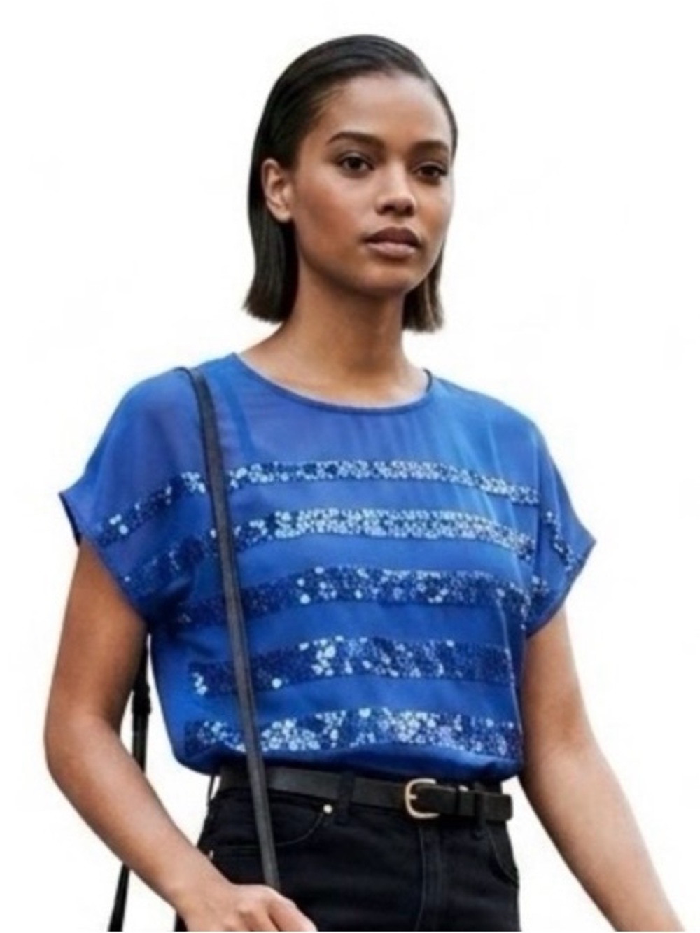 Forever 21 Blue Sequin Stripe Short Sleeve Top Size M